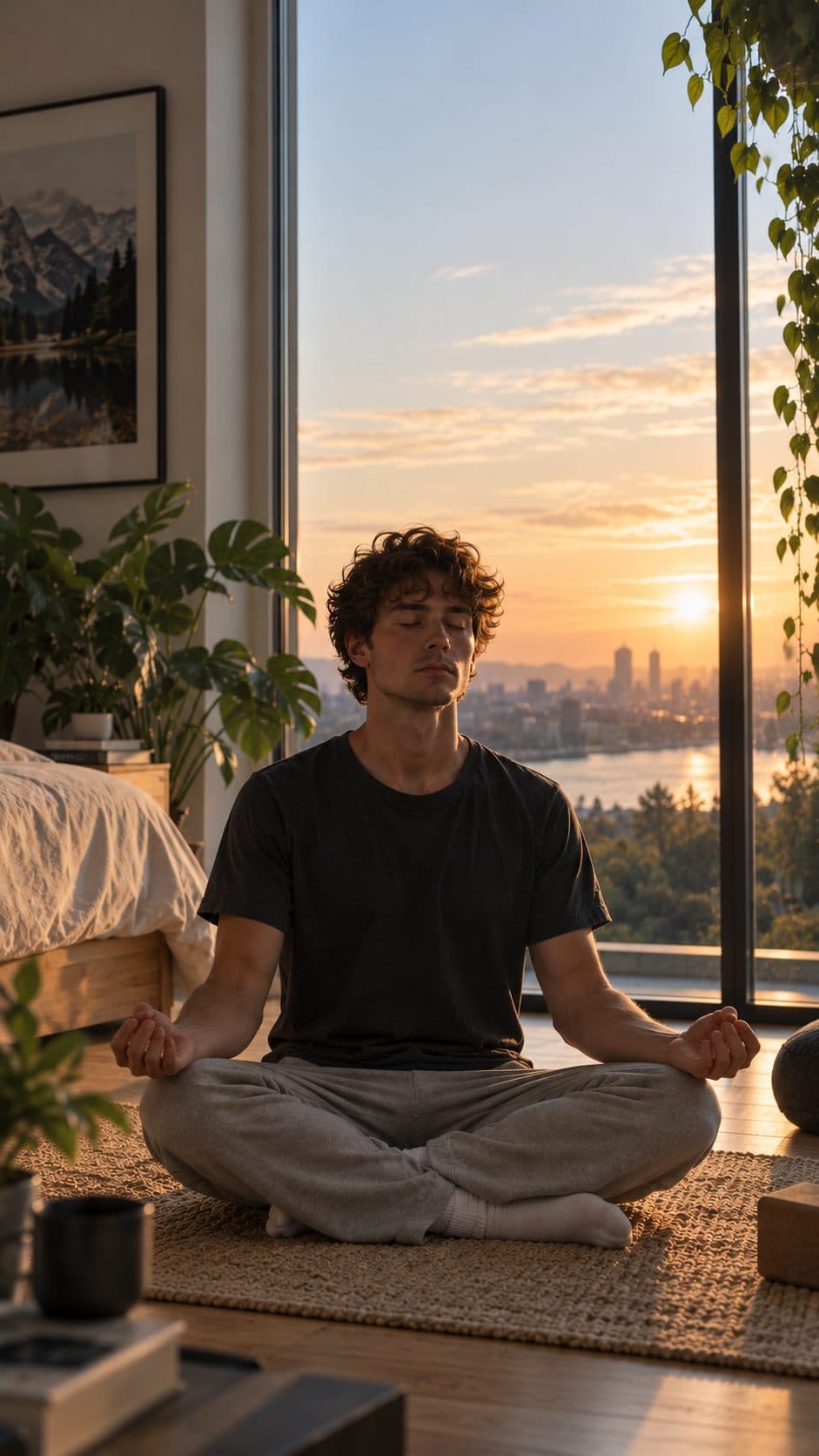 A man sits cross-legged on a rug in front of a floor to ceiling window, eyes closed and hands resting on his knees, with the sun coming up over the city behind him.